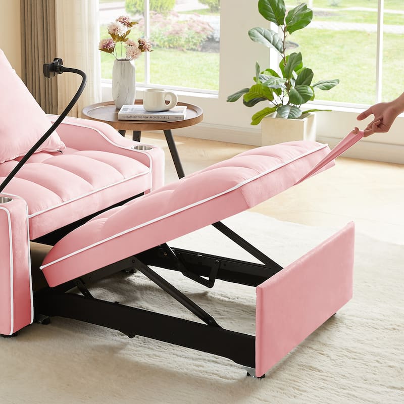 Single Sofa Armchair 3-in-1 Pull Out Sleeper Sofa Bed Velvet Chaise Lounge with USB, Phone Stand, Cup Holders and Side Pockets