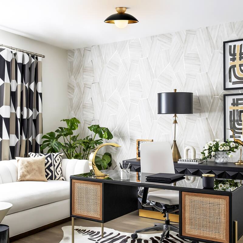 14.5 in. 1-Light Black/White Finish Wood Gold Leaf Dome Semi-Flush Mount Light with Opal Glass Globe