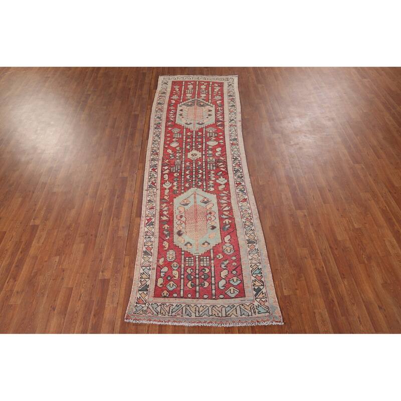Red Hamedan Persian Vintage Runner Rug Hand-Knotted Wool Carpet - 3'3" x 10'3"