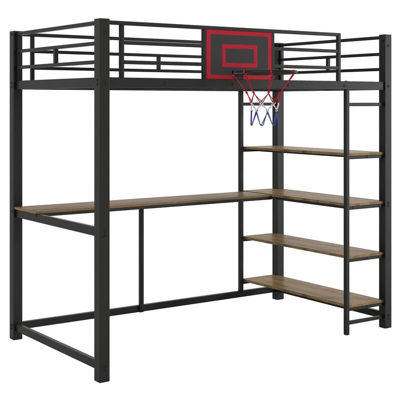 Twin Size Metal Loft Bed with Shelves, Desk and Basketball Hoop