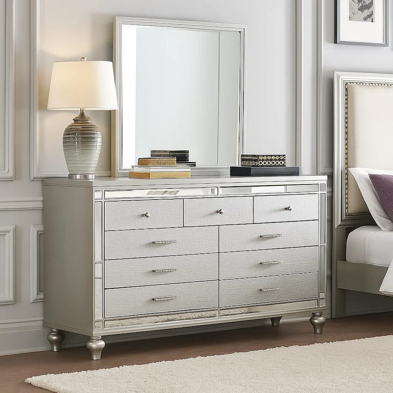 Bailey Wide Dresser, Mirror Trim and 9 Drawers, Silver Wood