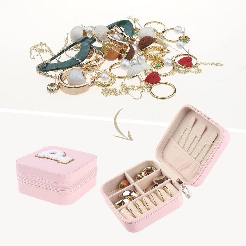 Travel Jewelry Box for Women, Teen Girl Gifts, Small Portable PU Leather Jewelry Organizer Case Storage Display Holder - Pink