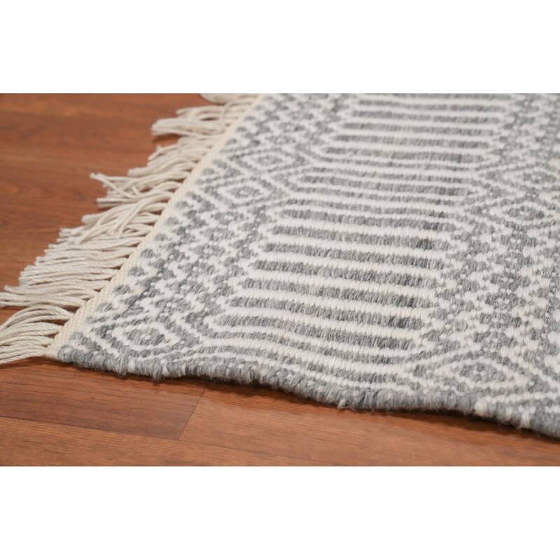 Hand Woven Oriental 100% Wool Carpet Traditional Geometric Greys & Charcoal Durrie-Kilim Area Rug - 8' 1'' X 5' 0''