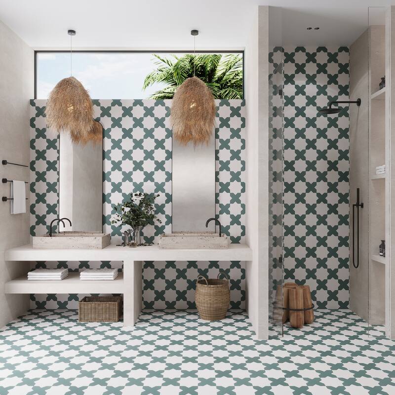 Seville 7" Star with 5" Cross Matte Porcelain Wall and Floor Tile (10.62 sq ft/case) - 68 Pack - Green/White