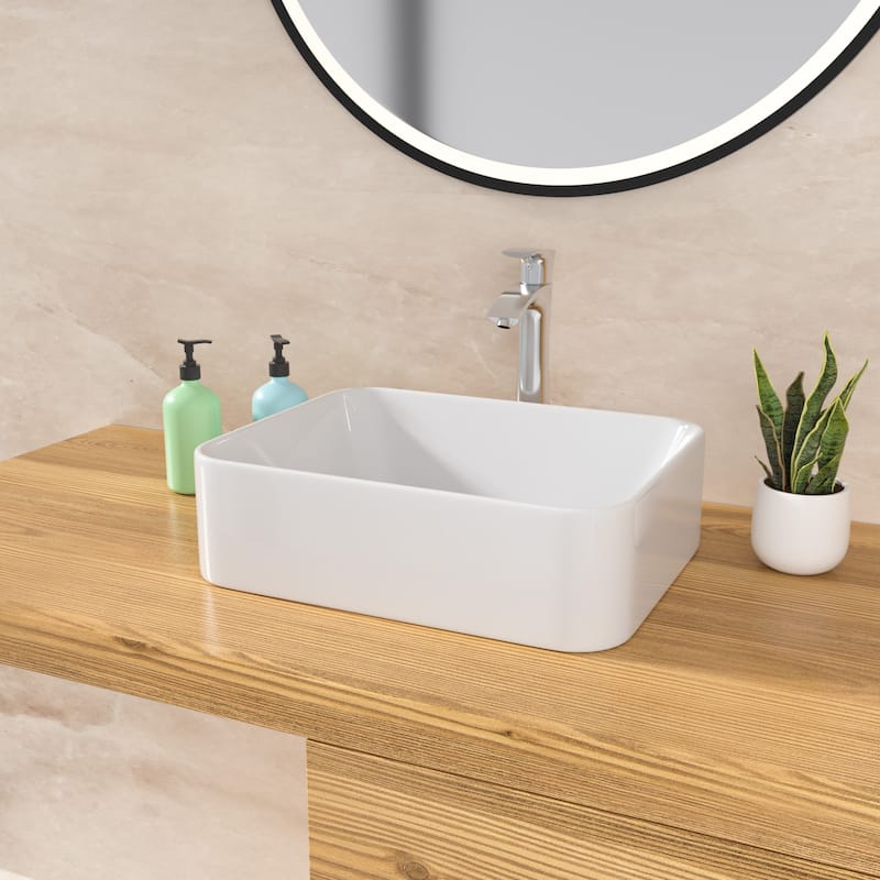 Lordear 19 inch Fireclay White Bathroom Sink Rectangular Vessel Sink
