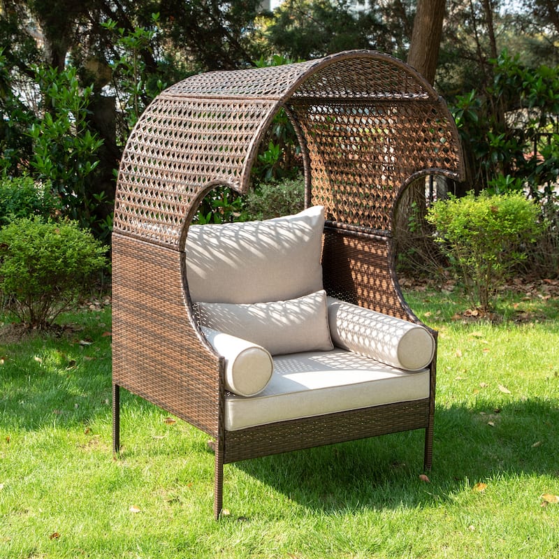 Single Rattan Sofa with Top Canopy, Elegant Wicker Couch for Outdoor