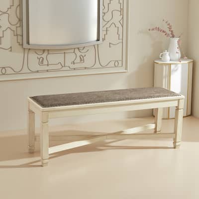 Bolan Large Dining Bench with Heavy Woven Fabric, White Wood, 50 Inch