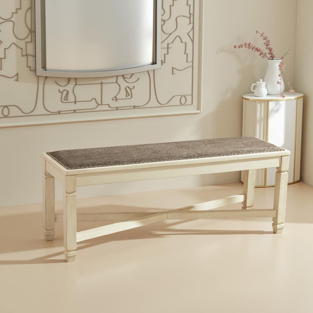 Bolan Large Dining Bench with Heavy Woven Fabric, White Wood, 50 Inch