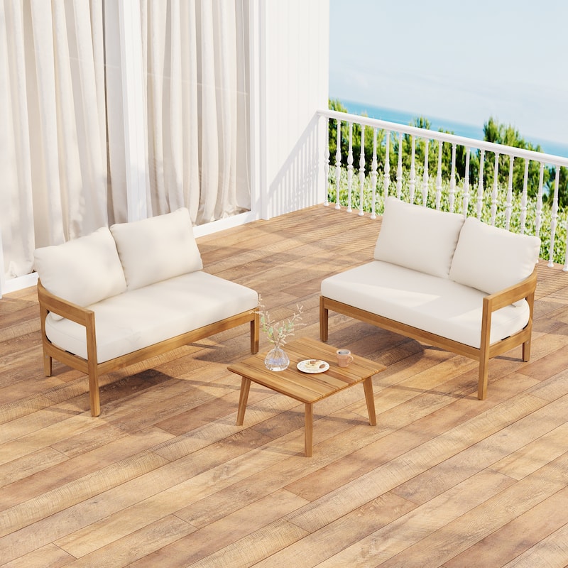 Roomfitters Outdoor 4 Seater Sofa Set with Left and Right Armrests, Wooden Frame Patio Couch with Cushions, Teak Beige - Teak+ Beige