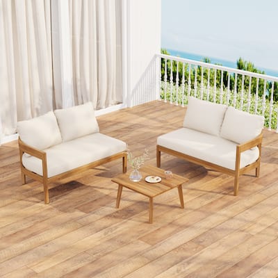 Roomfitters Outdoor 4 Seater Sofa Set with Left and Right Armrests, Wooden Frame Patio Couch with Cushions, Teak Beige