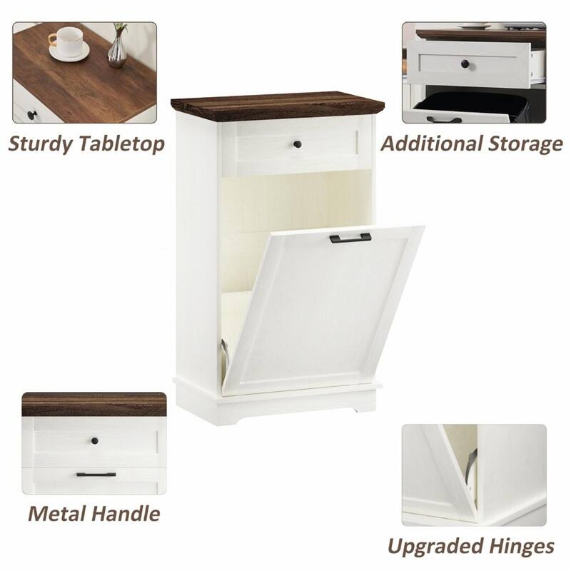 13 Gallon Tilt-Out Trash Can Cabinet, Freestanding Wooden Garbage & Recycling Bin with Hideaway Drawer(Trash Can Not Included)