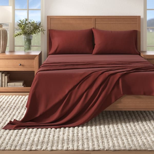Linery & Co. Turkish Cotton Double-Brushed Solid Color Flannel Bed Sheet Set - Cranberry - Queen