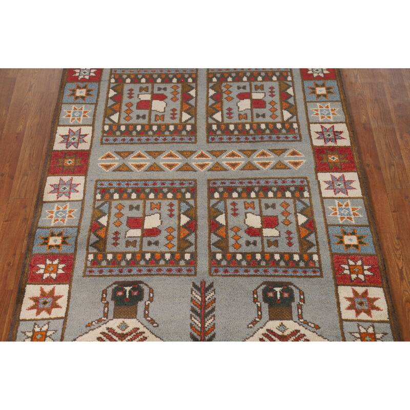 Hand Knotted Oriental 100% Wool Carpet Traditional Tribal Greys & Charcoal Heriz (serapi) Runner Rug - 9' 9'' X 3' 10''