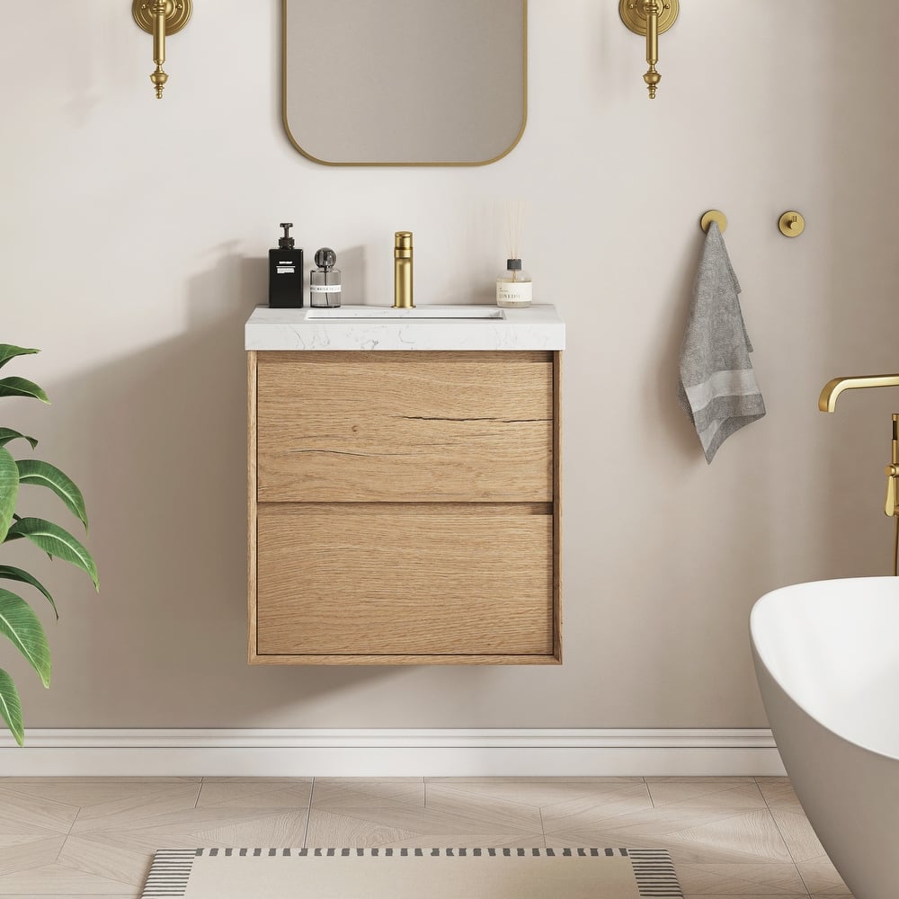 Sylphar 24 inch Bathroom Vanity with Sink, Floating Oak Cabinet with Stone Top