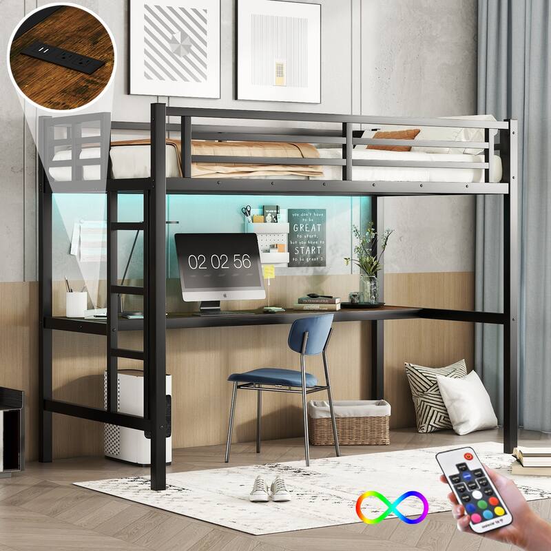 Metal Twin XL Size Loft Bed with Power Outlet and LED Lighted, Space-Saving, Noise Reduced, Black - Black
