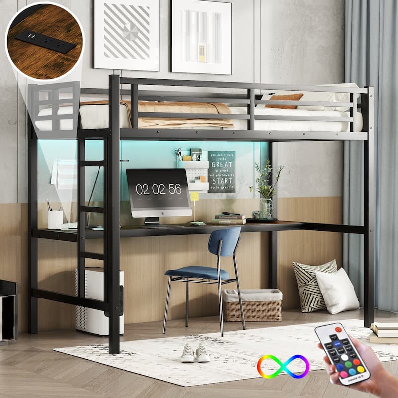 Space-Saving Metal Twin XL Loft Bed with Power Outlet, LED Lighting and Desk - Black