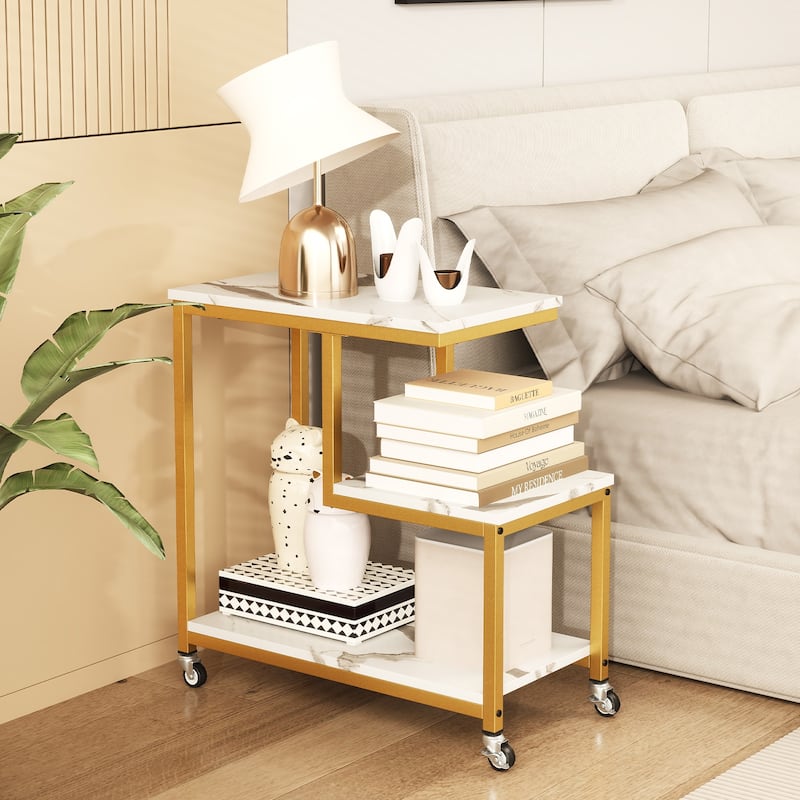 3-Tier G-Shaped Wooden Side End Table with Wheels and Storage for Living Room or Office Use - 23" x 12" x 24"
