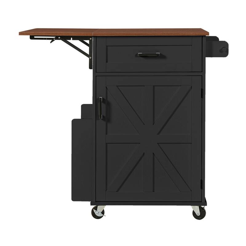 39.3" Farmhouse Kitchen Island with Drop Leaf, Open Side Rack, 1 Drawer, Towel Rack, & Lockable Wheels