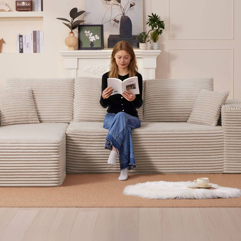 102.76" Corduroy Cloudy L Shaped Sofa with Chaise and Pillows