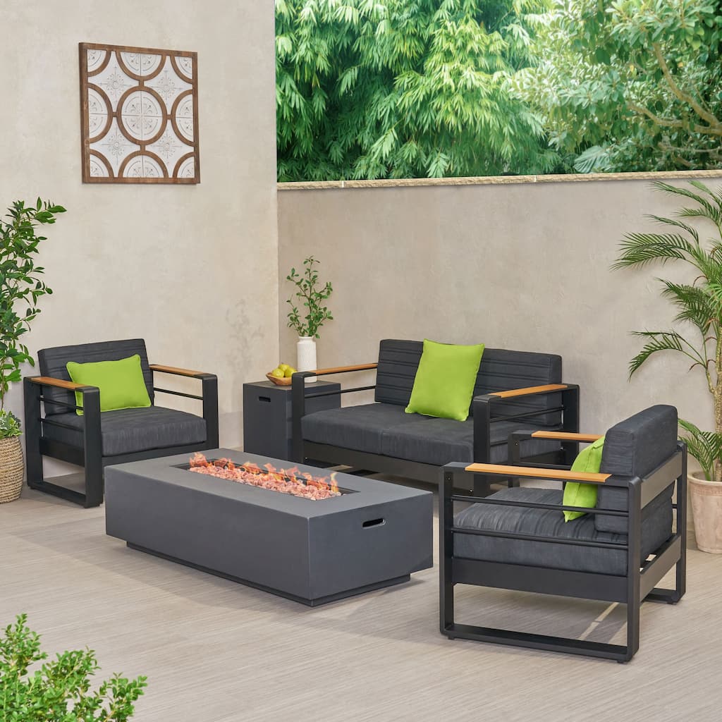 Giovanna Outdoor Aluminum 4 Seater Chat Set with Fire Pit by Christopher Knight Home