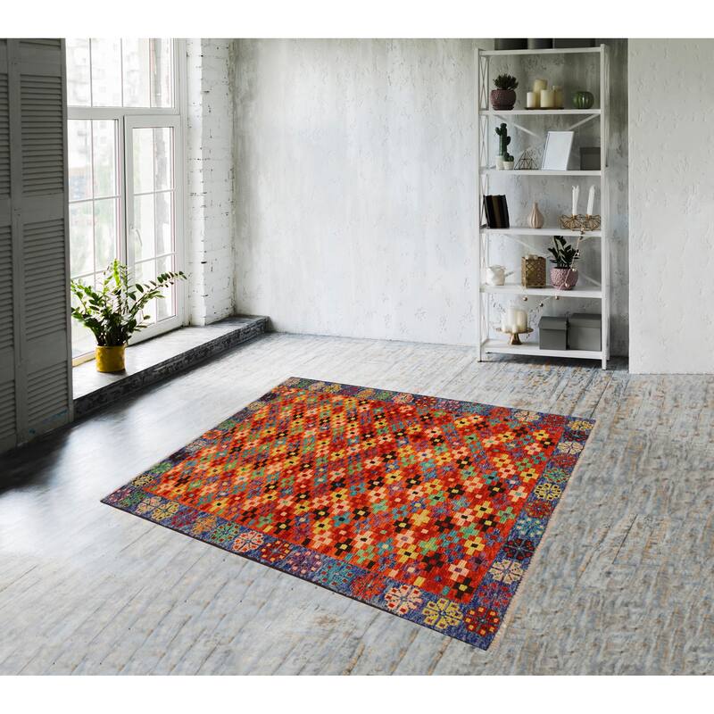Tribal Balochi Zavala Orange/Blue Hand Knotted Wool Rug - 3'4'' x 4'11''