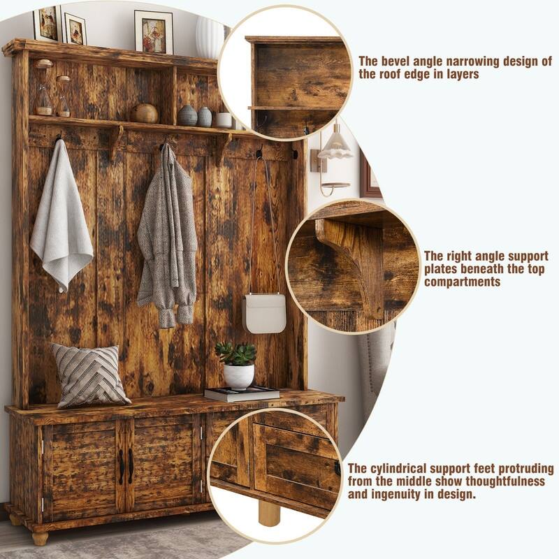 59"W Hall Tree Bench with 5 Coat Hooks,Storage Cabinet and 2 Large Drawers