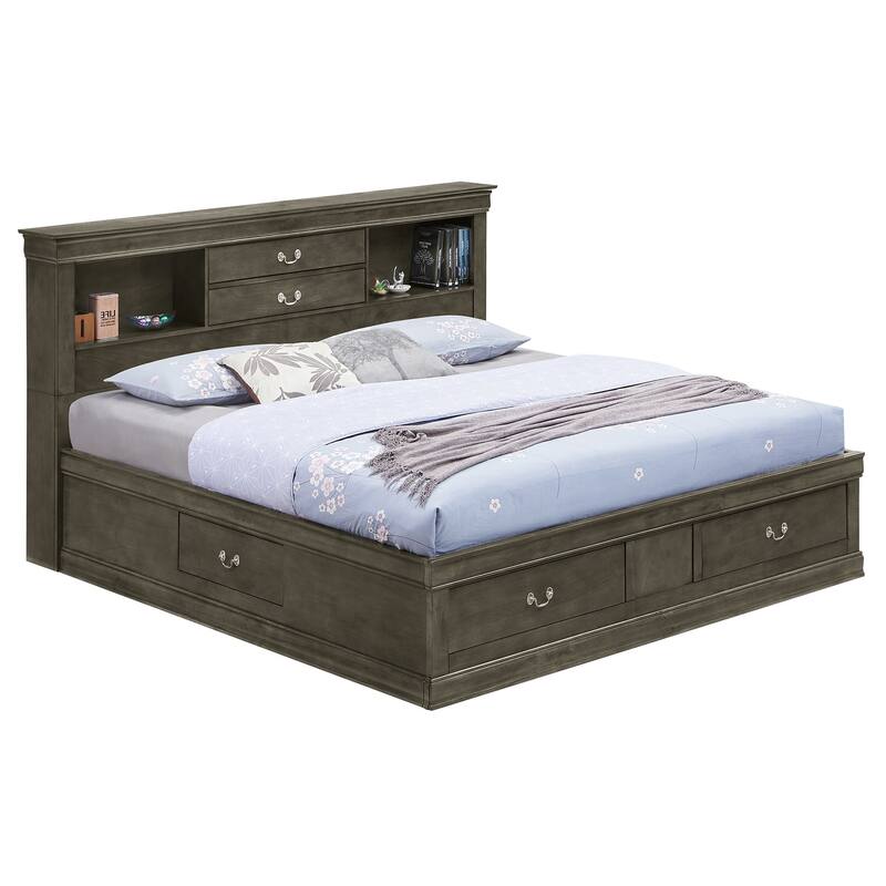 Southwestern Style Full Storage Bed - Gray Platform Bed with 6 Drawers & Bookcase Headboard