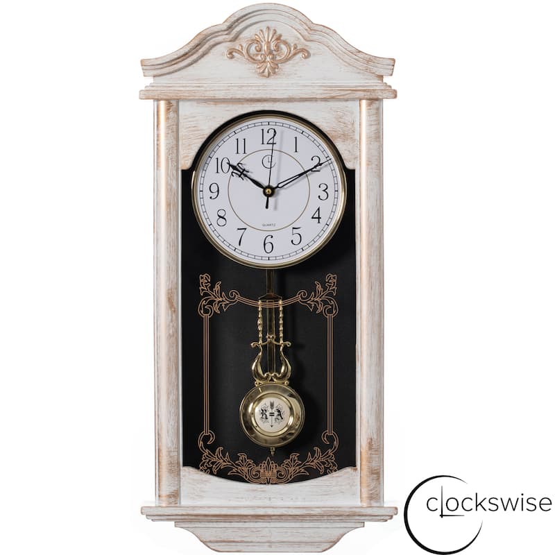 Clockswise Vintage Grandfather Wood-Looking Plastic Pendulum Decorative Battery-Operated Wall Clock Brown, for Home Decor - 24 Inch High - White