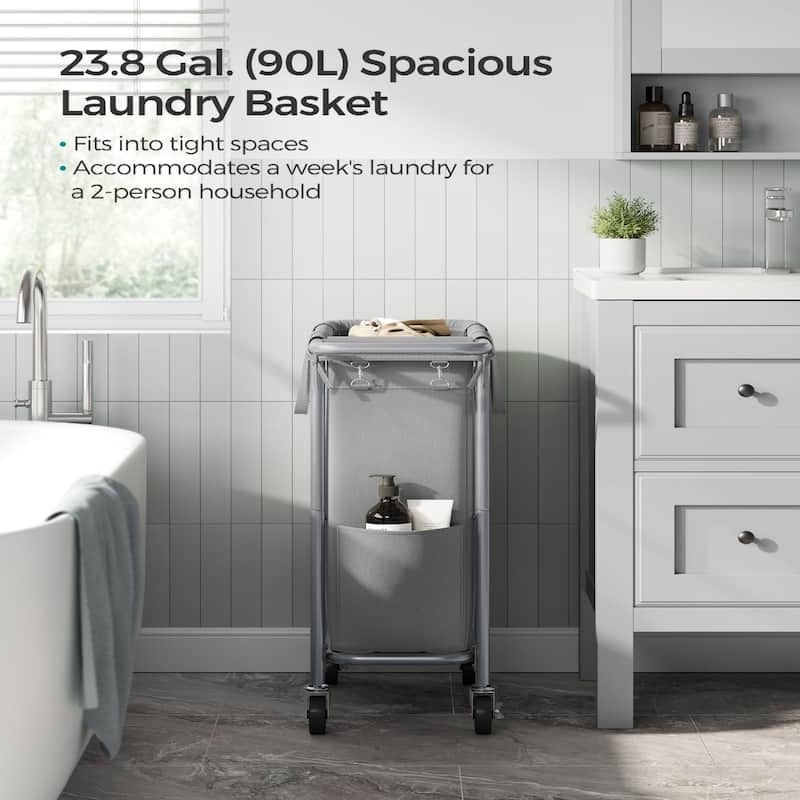 Narrow Rolling Laundry Bin with Brake Wheels Tall Hamper with Tear-Resistant Removable Bag - 90L (24.4 x 11.4 x 31.8 Inches)
