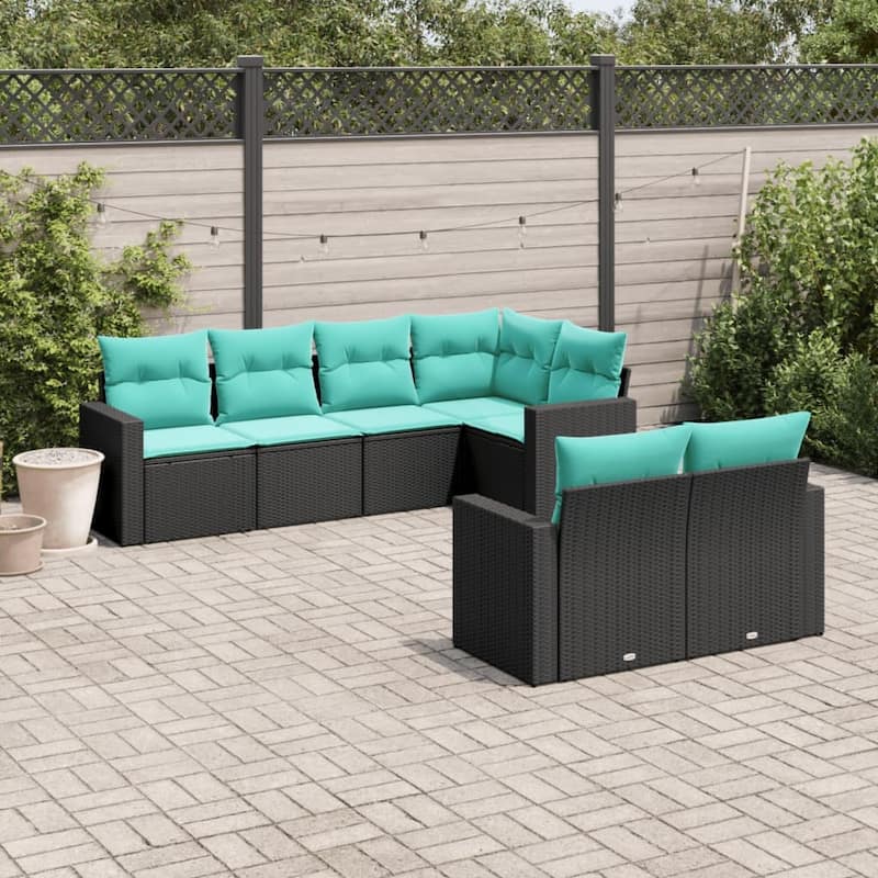 vidaXL Patio Sofa Set with Cushions Outdoor Furniture 7 Piece Poly Rattan - Black and blue