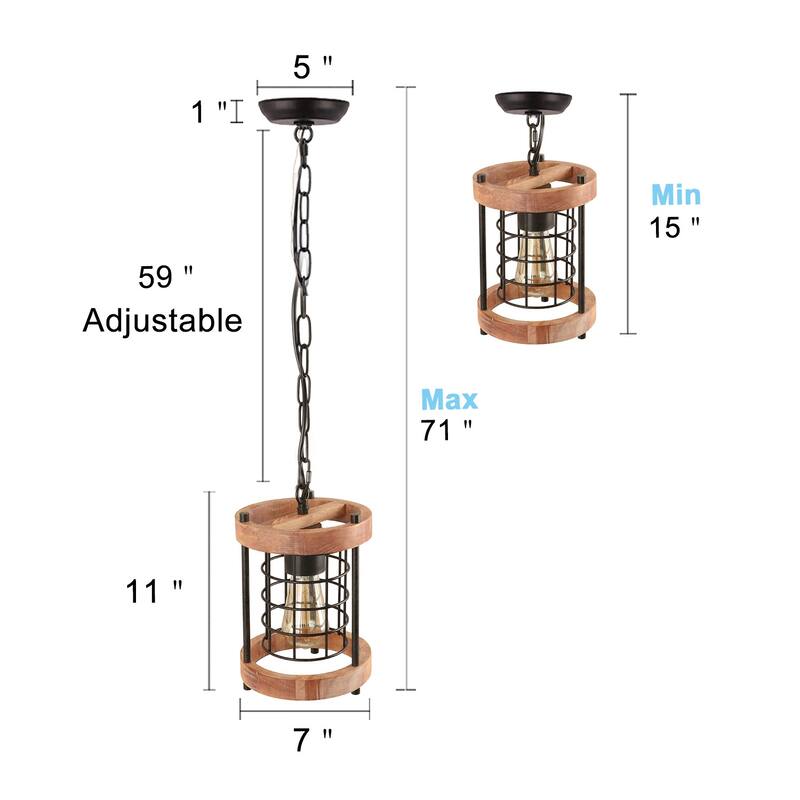 Farmhouse 1-Light Cylinder Wood Grain Metal Cage Kitchen Island Pendant Light Adjustable- Brown - D7" x H11"