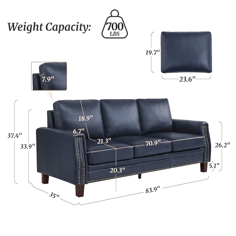 Mid-Century Modern 3-Seater Sofa 84" in Upholstered Genuine Leather with Solid Wood Frame for Living Room