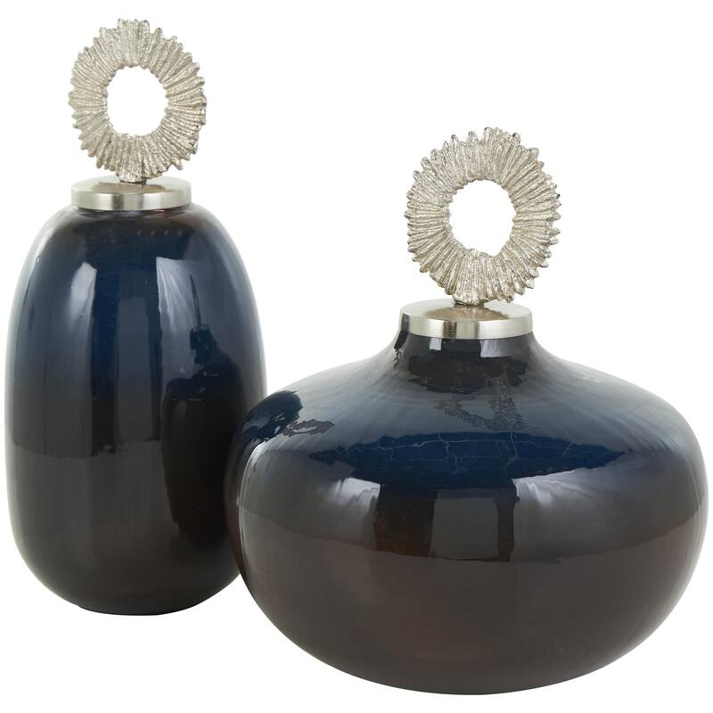 Metal Living Room Decorative Jars with Silver or Gold Ring Handles - Set of 2 Blue or White - Roche River Decor