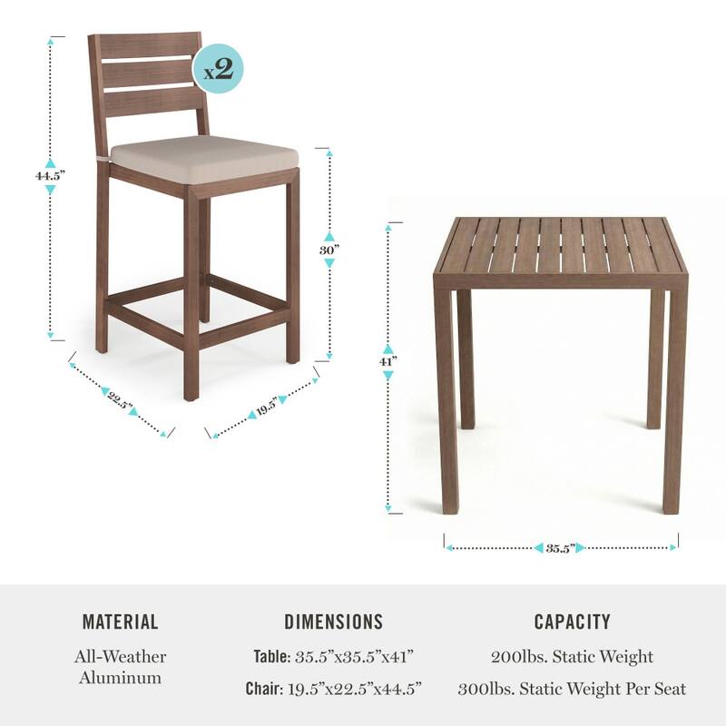 Martha Stewart All-Weather Bar Height Patio Set with 35.5" Square Slat Top Table and 2 Stools - 19.5"W x 22.5"D x 44.5"H