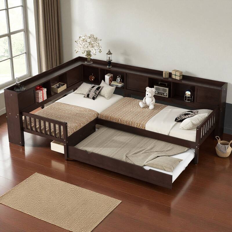 L-Shaped Twin Platform Bed with Trundle, Solid Wood Corner Bed Frame with Drawers and Shelves, No Box Spring Needed