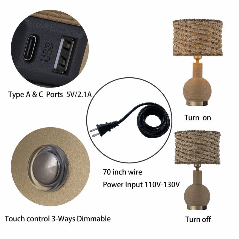 Amber 19" Rattan Table Lamp with USB 3-Way Touch Dimmer