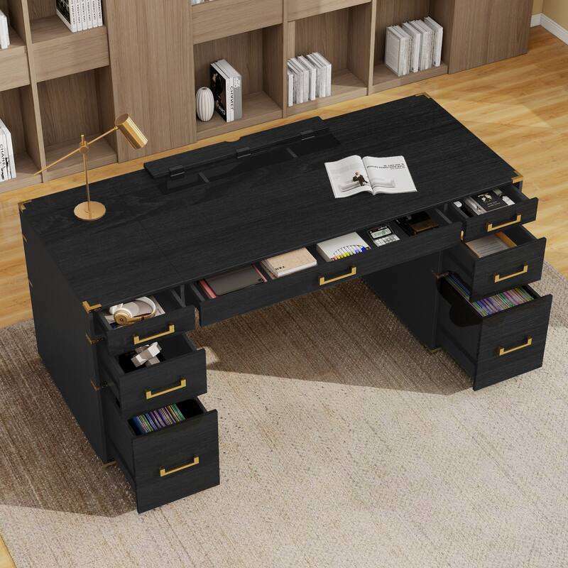 70" Traditional Executive Desk with Metal Trim, 2 File Drawers, USB Ports & Hidden Compartment