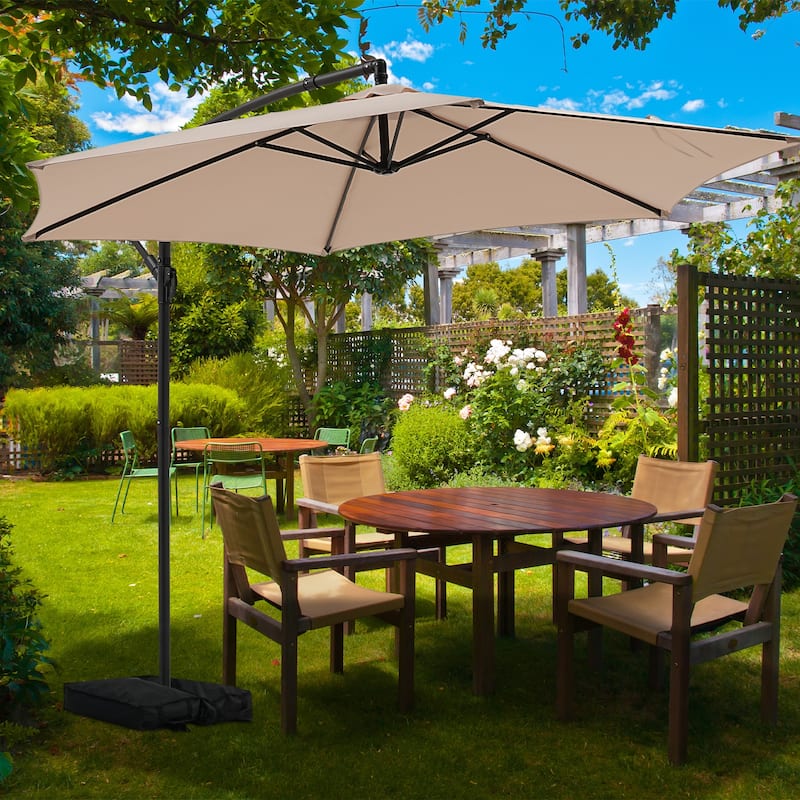 Ainfox 10ft Offset Hanging Market Patio Umbrella With Base - Khaki
