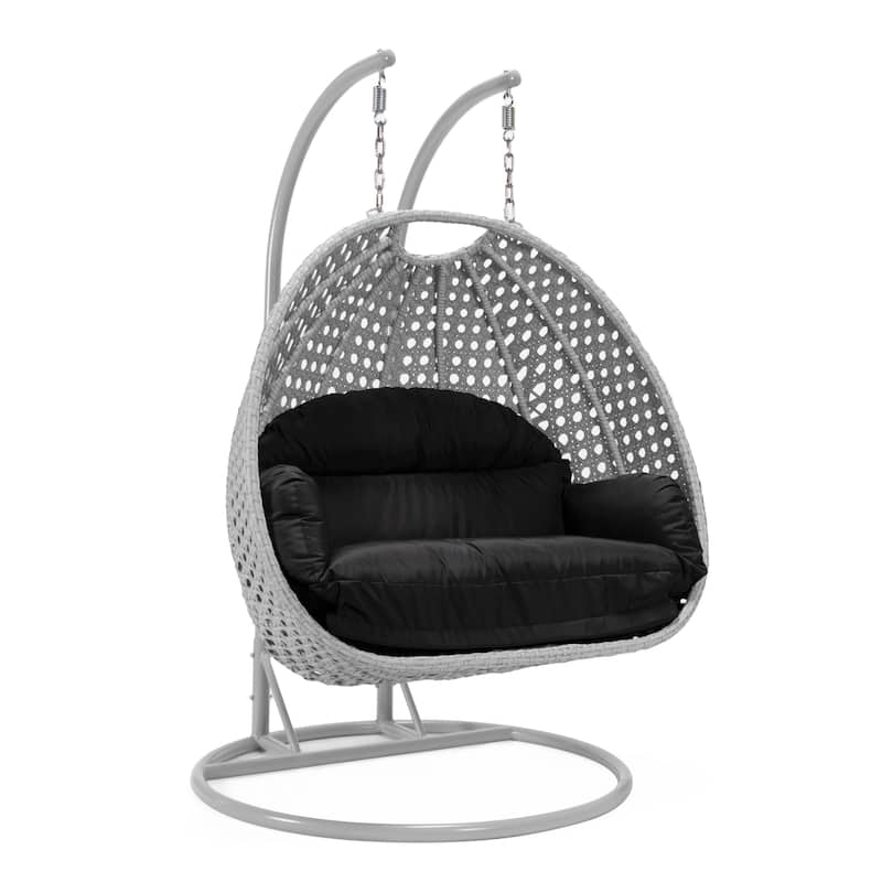 Mendoza 2-Person Hanging Egg Swing Chair with Iron Metal Stand Handcrafter Grey Wicker Hammocks for Outdoor Patio or Indoor Use - Black