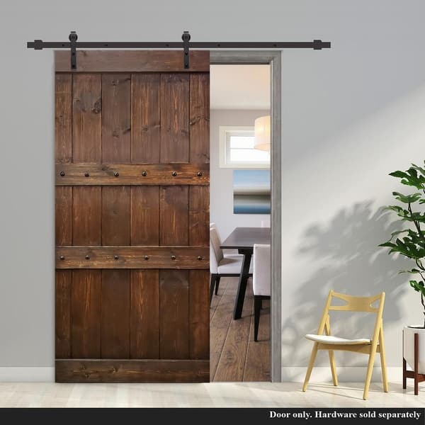 Clavos 42 in. x 84 in. Brown Stained Solid Pine Wood Interior Sliding Barn Door with Sliding Door Hardware Kit Clavos 42 in. x 84 in. Brown Stained Solid Pine Wood Interior Sliding Barn Door with Sliding Door Hardware Kit