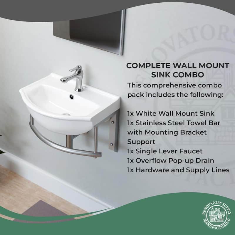 White Porcelain Wall Mounted Bathroom Sink with Faucet, Drain, Towel Bar and Overflow