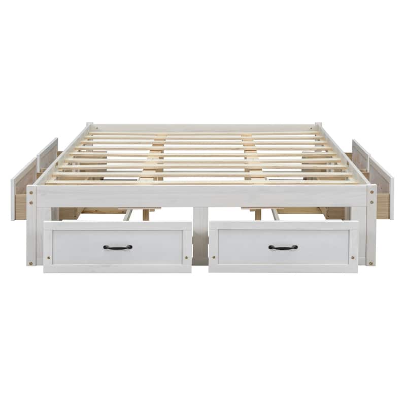 Queen Size Platform Bed Frame with 6 Built-In Storage Drawers, No Headboard, Low Profile Design in Antique