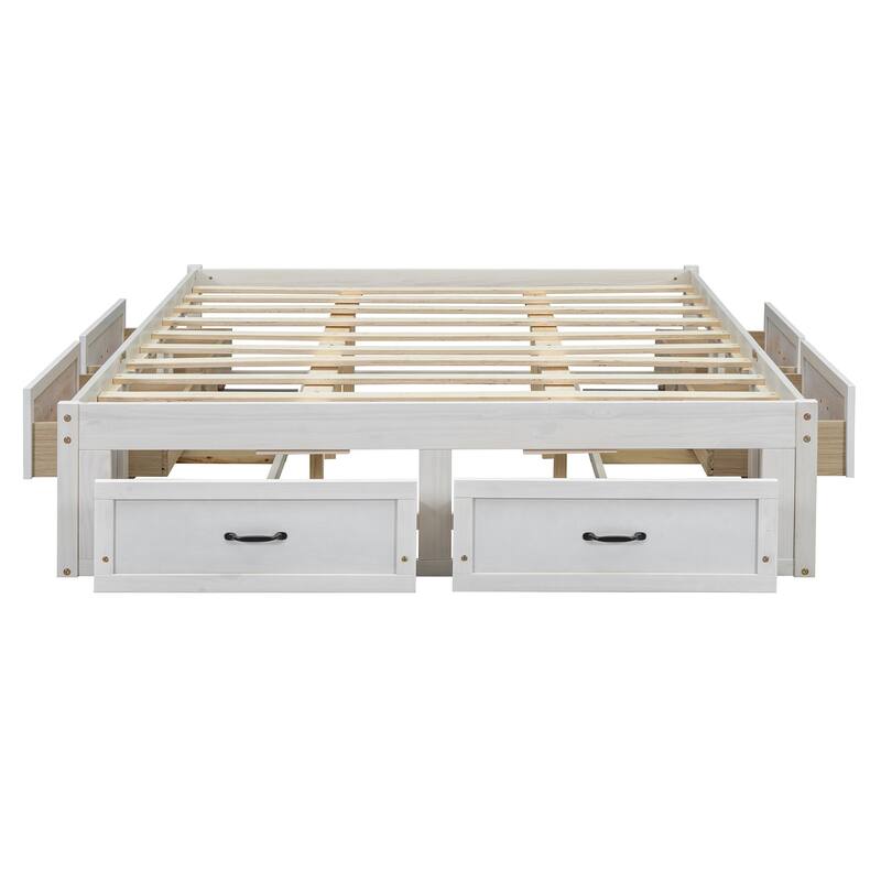 Queen Size Storage Platform Bed with 6 Drawers in Antique White/Gray/Natural