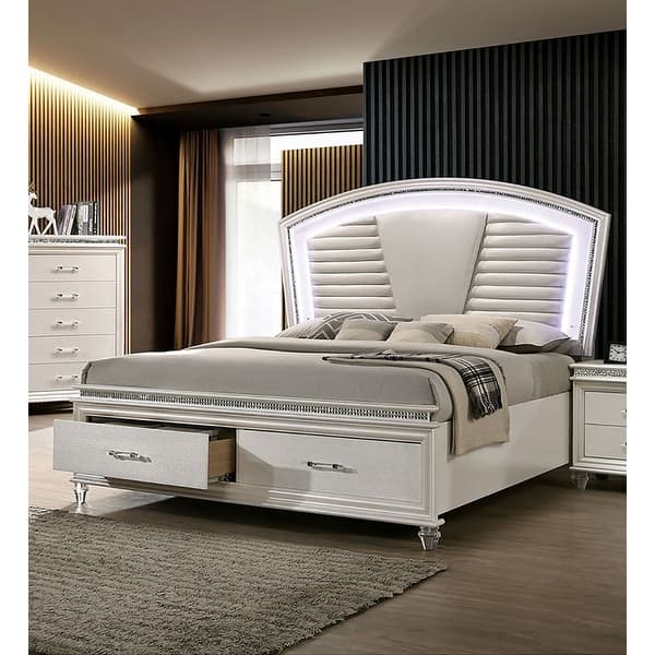 California King Size Bed with Padded Leatherette Headboard in Pearl