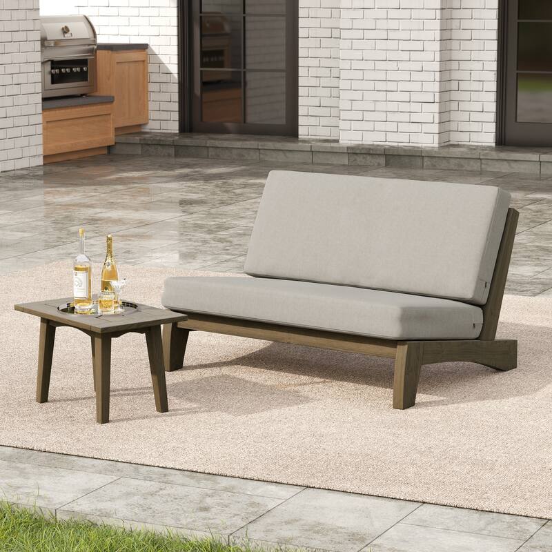 2-Piece Outdoor Teak Wood Loveseat Patio Set with Side Table - Light Camel-Whole Cushion - Natural Frame