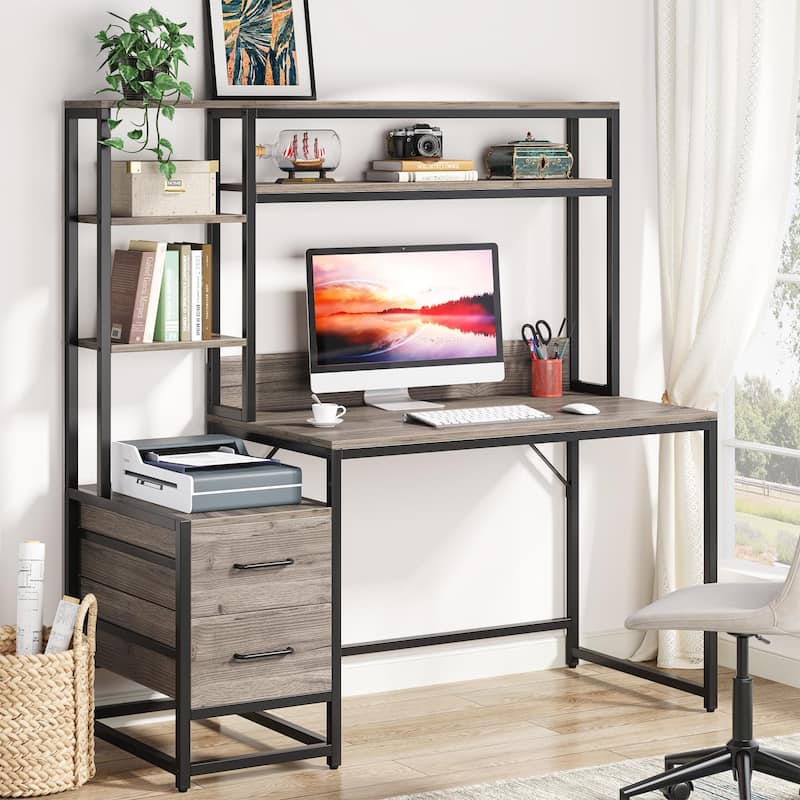 Rustic Computer Office Desk with Drawers and Hutch - Grey