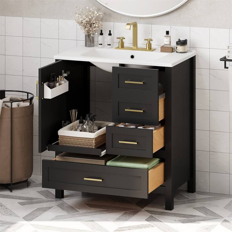 30" Bathroom Vanity with Ceramic Sink Top, Modern Bathroom Storage Cabinet with Soft Close Door, 3 Drawers and Removable Tray - Black