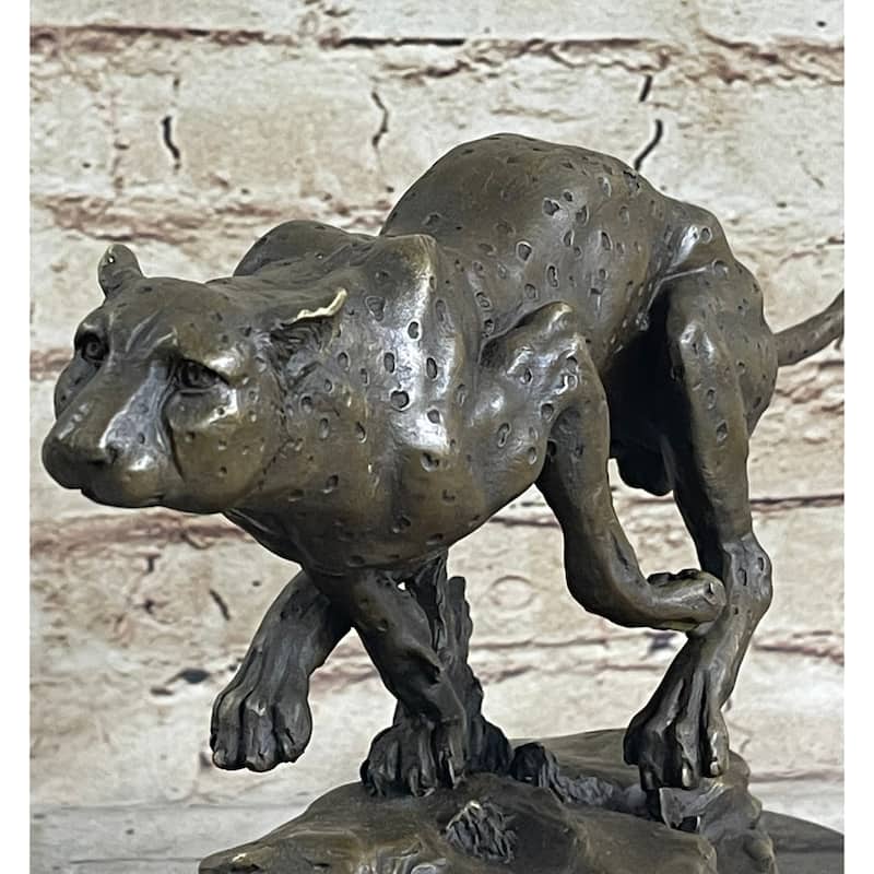 Running Cheetah Bronze Statue Sculpture Figure Marble Base Signed Milo