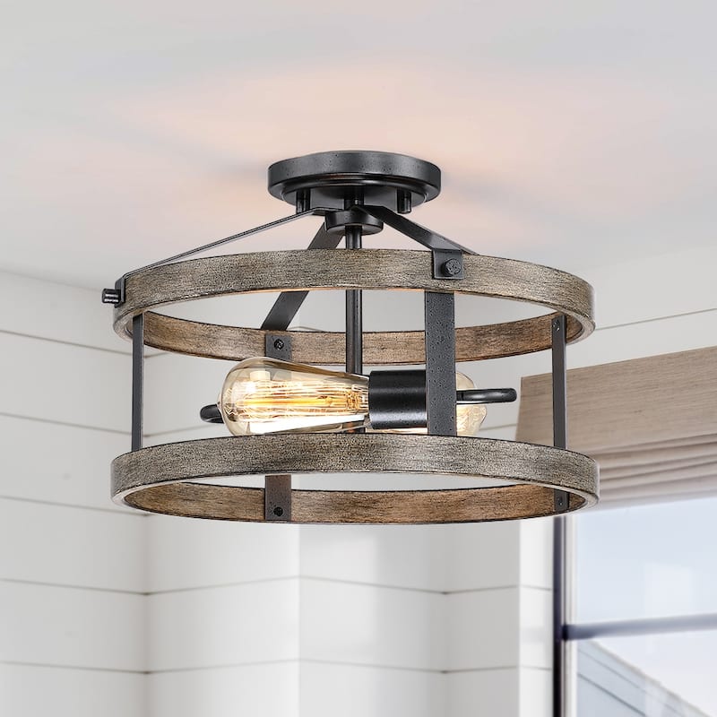 13 in. 2-Light Natural Iron and Distressed Faux Wood Industrial Farmhouse Semi-Flush Mount Ceiling Light - 13in.Dx9in.H