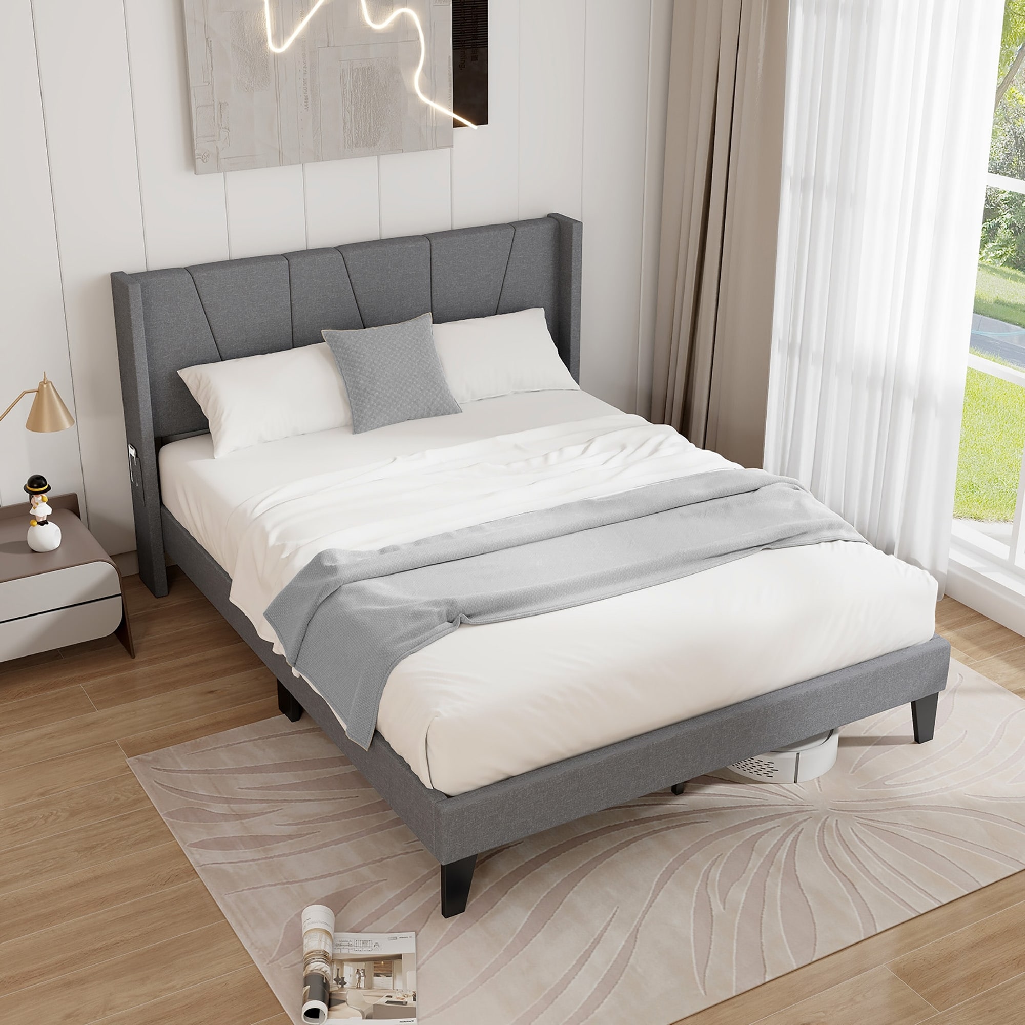 Gymax Queen Size Upholstered Bed Frame w/ Elastic Pockets & Foundation